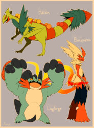 aonik arms_up black_eyes blaziken claws colored_sclera commentary creatures_(company) english_commentary full_body furry game_freak gen_3_pokemon highres mega_blaziken mega_pokemon mega_sceptile mega_swampert nintendo open_mouth pokemon pokemon_(creature) sceptile smile standing starter_pokemon_trio swampert tail yellow_sclera