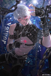Rule 34 | 1boy, abs, absurdres, arm belt, arm wrap, belt, belt collar, black belt, black collar, black gloves, black pants, blood, blood on chest, blue eyes, blue flower, blush, chain, chain-link fence, chain belt, chain leash, chest harness, chinese commentary, collar, cowboy shot, cuffed, cuffs, ear piercing, fence, fengjian yuzhi, fingerless gloves, flower, forget-me-not (flower), gloves, hair between eyes, hand on own chest, hand up, handcuffs, harness, highres, holding own leash, leash, looking at viewer, love and deepspace, male focus, mask, mouth mask, official alternate costume, pants, parted lips, pectoral cleavage, pectorals, piercing, short hair, shoulder belt, shrug (clothing), single bare shoulder, single glove, solo, toned, toned female, watermark, weibo watermark, white hair, xavier (love and deepspace)