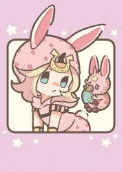 Rule 34 | 1boy, absurdres, animal ears, beanie, blonde hair, blue eyes, chibi, colored skin, easter, easter egg, egg, fake animal ears, fake tail, hat, highres, holding, holding egg, hood, hoodie, horseshoe hat ornament, johnny joestar, jojo no kimyou na bouken, m a a m 8, male focus, pants, pink hat, pink hoodie, pink pants, pink skin, rabbit ears, rabbit tail, short sleeves, stand (jojo), star (symbol), star print, steel ball run, tail, tusk (stand), tusk act1