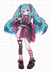 1girl absurdres black_boots blue_hair blush boots closed_mouth commentary_request full_body garter_straps grid_background hair_ribbon halkawa501 hatsune_miku highres looking_at_viewer ribbon single_garter_strap single_thighhigh solo standing thighhighs twintails vocaloid