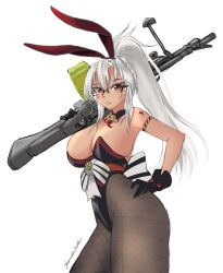 1girl barefoot bell black_collar black_gloves black_leotard black_pantyhose breasts collar commentary_request cosplay dark-skinned_female dark_skin fishnet_pantyhose fishnets glasses gloves gun hand_on_own_hip jingle_bell kantai_collection large_breasts leotard long_hair looking_at_viewer musashi_(kancolle) name_connection one-hour_drawing_challenge pantyhose playboy_bunny ponytail red_eyes rekka_yamato ribbon rifle sniper_rifle solo strapless strapless_leotard weapon weapon_request white_hair white_ribbon