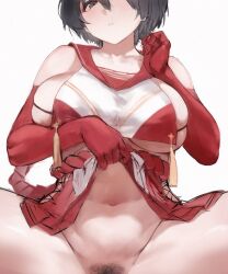 black_eyes black_hair blue_archive blush breasts clothes_lift collarbone commentary cropped_legs elbow_gloves female_pubic_hair gloves highres large_breasts lifting_own_clothes looking_at_viewer medium_hair navel parted_lips polki pubic_hair red_gloves red_sailor_collar rope_belt sailor_collar shirt simple_background skirt skirt_lift solo spread_legs tsubaki_(blue_archive) white_background white_shirt