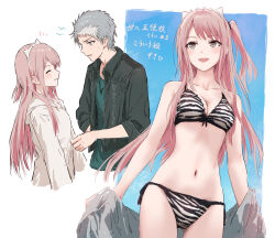 1boy 1girl bikini black_bikini black_jacket blush breasts bullfalk cleavage closed_eyes commentary_request grey_hair highres jacket long_hair medium_breasts navel one_side_up open_mouth original pink_hair short_hair stomach striped_bikini striped_clothes swimsuit translation_request white_bikini white_jacket