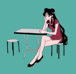 1girl arm_support china_dress chinese_clothes crossed_legs double_bun dress full_body hair_bun highres hiroko_hiyokogm long_hair looking_at_viewer ranma_1/2 red_dress shampoo_(ranma_1/2) short_dress sidelocks sitting solo