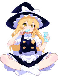 Rule 34 | 1girl, absurdres, apron, black hat, black skirt, black vest, blonde hair, bow, braid, circled 9, crossed legs, eating, food, food in mouth, frilled hat, frilled skirt, frills, hair bow, hat, hat bow, highres, holding, holding food, holding popsicle, kirisame marisa, long hair, melting popsicle, popsicle, popsicle in mouth, qing zhanglao, shirt, side braid, simple background, skirt, socks, solo, touhou, vest, white apron, white background, white bow, white shirt, white socks, witch hat, yellow eyes