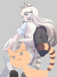 Rule 34 | 1girl, animal, animal ears, bag, cardigan, cat, cat ears, cat girl, cat tail, extra ears, geoffroy&#039;s cat (kemono friends), grey background, grey hair, kemono friends, kemono friends v project, long hair, looking at viewer, looking back, lowlandgorilla, panties, school bag, school uniform, shirt, shoes, simple background, skirt, tail, thighhighs, underwear, virtual youtuber, yellow eyes