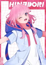 Rule 34 | 1girl, ;d, blue eyes, blunt bangs, braid, commentary request, hair over shoulder, highres, hood, hood down, hooded jacket, jacket, kaf (kamitsubaki studio), kamitsubaki studio, long hair, long sleeves, looking at viewer, low twin braids, multicolored eyes, nakano mitsume, one eye closed, open mouth, pink hair, smile, solo, twin braids, upper body, virtual youtuber, yellow pupils