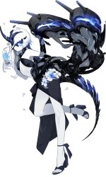 Rule 34 | 1girl, abyssal ship, akira (kadokawa), ankle ribbon, asymmetrical hair, blue eyes, colored skin, cup, drinking glass, drinking straw, flower ornament, full body, glowing, glowing eye, high heels, horns, kantai collection, leg ribbon, leg up, long hair, machinery, ne-class heavy cruiser, official art, one eye covered, ribbon, ship turret, single horn, solo, swimsuit, tail, transparent background, white hair, white skin
