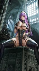 1girl architecture black_gloves black_panties black_thighhighs black_veil breasts commentary_request enya_murphy feet_out_of_frame gloves gold_trim gothic_architecture grabbing_own_breast huge_breasts indoors looking_at_viewer mr_xior nun panties pelvic_curtain purple_eyes see-through_clothes see-through_pelvic_curtain sitting snowbreak:_containment_zone solo spread_legs thighhighs underwear veil window