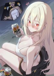 1boy 1girl absurdres artist_request asahi_breweries bare_shoulders beer_can black_jacket black_shorts blush breasts bright_pupils camisole can check_artist cleavage closed_mouth colored_eyelashes commentary_request commission crop_top drink_can from_behind highres jacket korean_commentary large_breasts lethe_rin long_hair looking_at_viewer looking_back micro_shorts midriff nose_blush off_shoulder original red_eyes second-party_source shirt shorts sitting sleeveless sleeveless_shirt solo_focus spaghetti_strap thighs very_long_hair white_eyelashes white_hair white_shirt yampa