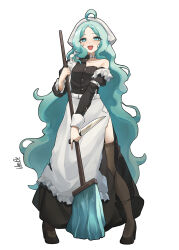 1girl absurdres ahoge aqua_eyes aqua_hair artist_name black_collar black_dress black_shoes black_thighhighs broom choker collar collared_dress commentary dress elvera frilled_dress frills full_body high_heels highres holding holding_broom holding_knife knife long_dress long_hair long_sleeves looking_at_viewer maid monster_girl open_mouth original shoes simple_background single_bare_shoulder slime_girl solo standing thighhighs thighs torn_clothes torn_dress torn_sleeves veil very_long_hair white_background white_choker white_dress white_veil