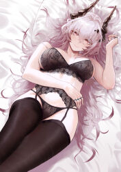 Rule 34 | 1girl, absurdres, arknights, black bra, black horns, black panties, black thighhighs, bra, breasts, bright pupils, garter belt, garter straps, gino (gino h), head on pillow, highres, horns, jewelry, lace, lace-trimmed bra, lace-trimmed panties, lace trim, lingerie, long hair, lying, material growth, medium breasts, multiple rings, on back, panties, pillow, pink eyes, pink hair, ring, smile, theresa (arknights), thighhighs, underwear, underwear only, white pupils