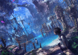 1boy 1girl absurdres architecture black_hair braid cloud gothic_architecture harbor highres jewelry lamp necklace original palace reishin_(tenpurasoba) revision ruins scenery ship shipwreck short_hair sitting skirt sky water watercraft