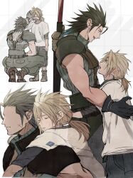 2b_fff 2boys aged_down armor black_gloves black_hair black_shirt blonde_hair blush buster_sword carrying child cloud_strife cross_scar earrings facial_scar final_fantasy final_fantasy_vii final_fantasy_vii_ever_crisis final_fantasy_vii_remake full_body gloves grid_background hair_tie hand_on_another&#039;s_head hug jewelry low_ponytail male_focus medium_hair multiple_boys multiple_views open_mouth pauldrons piggyback ponytail scar scar_on_cheek scar_on_face shirt shirt_under_shirt shoulder_armor single_earring sleeveless sleeveless_turtleneck smile squatting suspenders tears time_paradox turtleneck weapon weapon_on_back white_shirt wiping_tears yaoi zack_fair