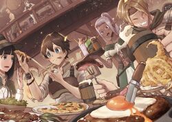 Rule 34 | 2girls, 4boys, armor, black hair, blue eyes, blunt bangs, blush, bracelet, breastplate, breasts, brown hair, brown headband, chest guard, closed eyes, cup, dark-skinned female, dark skin, eating, egg (food), elf, emamade1, eyepatch, fantasy, food, fork, grey hair, hand up, headband, holding, holding fork, holding tray, indoors, jewelry, knife, meat, medium breasts, mug, multiple boys, multiple girls, muneate, navel, octopus (food), original, parfait, pizza, pointy ears, ponytail, small breasts, smile, table, tongue, tongue out, tray