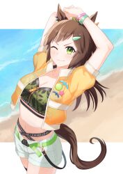 1girl ;) absurdres animal_ears arm_up belt bikini black_gloves bracelet breasts brown_hair cleavage closed_mouth commentary_request cowboy_shot cropped_jacket diagonal_bangs ear_ornament ear_piercing fingerless_gloves freckles gloves green_belt green_bikini green_eyes green_nails grin hair_ornament hair_ribbon hairclip hand_on_own_hip highres horse_ears horse_girl horse_tail ines_fujin_(umamusume) jacket jewelry large_breasts looking_at_viewer midriff multi-strapped_bikini_bottom multicolored_nails navel official_alternate_costume official_alternate_hairstyle one_eye_closed open_clothes open_jacket parted_bangs partial_commentary piercing pink_nails ponytail ribbon row_(kentaro_0904) short_shorts shorts sidelocks simple_background smile solo standing swimsuit tail umamusume white_background white_shorts yellow_jacket zipper
