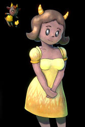 1girl :3 absurdres animal animal_crossing black_background black_eyes black_fur breasts brown_hair collarbone creature_and_personification dark_skin dress flower furry goat goat_girl goat_horns grass_print highres horns humanization looking_at_flowers looking_at_viewer looking_down medium_breasts nan_(animal_crossing) nintendo own_hands_together personification print_dress short_hair short_sleeves sleeveless sleeveless_dress smile soandnb standing yellow_dress