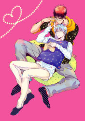 2boys black_hoodie black_socks blue_eyes blue_hair brown_pants closed_mouth collarbone expressionless full_body glasses grey_pants heart heart_of_string holding holding_pillow hood hoodie kagami_taiga kuroko_no_basuke kuroko_tetsuya long_sleeves lying_on_person male_focus multiple_boys orange_eyes pants pillow pink_background red_hair simple_background socks sweater tori_otoko_no_kyoufu two-tone_hoodie white_sweater yaoi yellow_hoodie