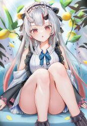 1girl absurdres center_frills chestnut_mouth clothing_cutout frilled_shirt_collar frills gradient_hair grey_hair hair_between_horns hairband highres hololive lolita_hairband long_hair looking_at_viewer multicolored_hair nakiri_ayame nakiri_ayame_(girly) oni open_mouth pinstripe_pattern pinstripe_skirt plaid_ribbon red_eyes red_hair ribbon shirt shoulder_cutout sitting solo streaked_hair tk@illustration virtual_youtuber white_shirt