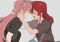 Rule 34 | 2girls, black shirt, blue eyes, blush, bocchi the rock!, cube hair ornament, electric guitar, forehead-to-forehead, gotoh hitori, grey background, guitar, hair ornament, hand on another&#039;s head, heads together, highres, hips in air, instrument, kita ikuyo, lingyi, long hair, looking at another, multiple girls, open mouth, pink hair, red hair, shirt, short sleeves, simple background, smile, tears, watermark, yuri