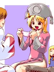 agrias_oaks ahoge blonde_hair blood boots brown_hair crossdressing final_fantasy final_fantasy_tactics hat knee_boots legs lipstick long_hair lowres makeup mikuni_aoi nosebleed oekaki orator_(fft) panties ramza_beoulve robe sitting trap underwear white_mage white_mage_(fft) white_mage_(final_fantasy)