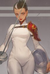 Rule 34 | 1girl, armor, black hair, bodysuit, breasts, collar, earrings, fencing, fencing suit, foil (fencing), grey eyes, hair bun, helmet, highres, holding, holding sword, holding weapon, jewelry, looking at viewer, morry, multicolored hair, original, pauldrons, pearl earrings, shoulder armor, signature, single pauldron, small breasts, smile, solo, sword, weapon, white bodysuit, white hair