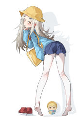 1girl absurdres blonde_hair blue_jacket blue_skirt blush gakuen_idolmaster hair_ornament hairclip hat highres idolmaster jacket kindergarten_uniform looking_at_viewer looking_back orange_eyes roro1515 school_hat school_uniform shinosawa_hiro simple_background skirt solo thighhighs white_background white_thighhighs yellow_hat