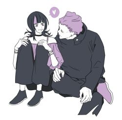 Rule 34 | 2boys, androgynous, black hair, black jacket, blunt bangs, bracelet, cheek piercing, earrings, face piercing, facial hair, full body, hakari kinji, heart, hoshi kirara, jacket, jewelry, jujutsu kaisen, lip piercing, medium hair, multicolored hair, multiple boys, mustache stubble, piercing, purple hair, simple background, sitting, spoken heart, star-shaped pupils, star (symbol), streaked hair, stubble, symbol-shaped pupils, white background, yuz46