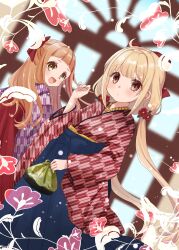 2girls :d blonde_hair blue_hakama blurry blurry_background bow brown_eyes brown_hair child closed_mouth commentary_request depth_of_field dutch_angle flower futaba_anzu hair_bow hair_flower hair_ornament hakama hakama_skirt hand_up highres holding ichihara_nina idolmaster idolmaster_cinderella_girls idolmaster_cinderella_girls_starlight_stage indoors japanese_clothes kimono long_hair long_sleeves looking_at_viewer low_twintails multiple_girls open_mouth red_bow red_flower red_hakama rino_cnc skirt smile twintails very_long_hair wide_sleeves window yagasuri