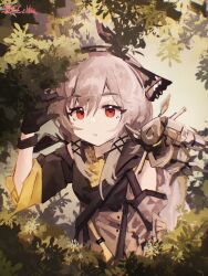 Rule 34 | 1girl, :o, arknights, black bow, black gloves, black shirt, bow, detached sleeves, dot nose, foliage, gloves, grey hair, hair between eyes, hair bow, hand up, highres, leaf (arknights), long hair, long sleeves, looking at viewer, red eyes, robot, sakuratani hane, shirt, solo, twitter username, upper body, weedy (arknights)