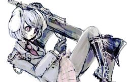 1girl animal_ears bad_id bad_pixiv_id black_boots black_gloves blazer boots embellished_costume female_focus floppy_ears gloves gun jacket knee_boots lace-up_boots nazo_(mystery) necktie pantyhose pink_skirt pleated_skirt rabbit_ears red_eyes reisen short_hair simple_background skirt solo touhou weapon white_background