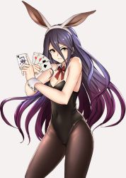 10s 1girl ace_(playing_card) ace_of_clubs ace_of_diamonds ace_of_hearts ace_of_spades animal_ears bare_shoulders black_hair card club_(shape) clubs covered_navel detached_collar diamond_(shape) diamonds fake_animal_ears female_focus gradient_hair granblue_fantasy hair_between_eyes hakuduki18 heart highres joker_(playing_card) leotard long_hair looking_at_viewer multicolored_hair pantyhose playboy_bunny playing_card purple_hair rabbit_ears rosamia_(granblue_fantasy) smile solo spade spade_(shape) very_long_hair wrist_cuffs yellow_eyes