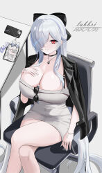 1girl absurdres artist_name black_bow black_choker black_jacket bow bracelet breasts bright_pupils cellphone chair character_charm charm_(object) choker cinderella_(beautiful_me)_(nikke) cinderella_(nikke) cleavage commentary_request crossed_legs dated dongtan_dress dress eyewear_hang goddess_of_victory:_nikke grey_dress hair_over_one_eye hand_on_own_chest highres jacket jacket_on_shoulders jewelry labbri long_hair looking_at_viewer meme_attire necklace office_chair official_alternate_costume official_alternate_hairstyle phone red_eyes simple_background sitting smartphone sunglasses swivel_chair table unworn_eyewear very_long_hair white_hair white_nails