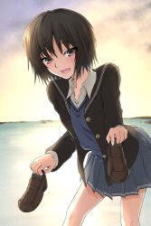 1girl amagami black_eyes black_hair black_jacket black_sailor_collar blazer blue_sweater evening grey_skirt highres holding holding_shoes horizon jacket kibito_high_school_uniform leaning_forward loafers looking_at_viewer momonjya nanasaki_ai ocean open_mouth outdoors pleated_skirt sailor_collar school_uniform shoes short_hair skirt sky solo standing sweater winter_uniform