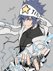 1boy aotu_world bandana black_gloves black_hair black_shirt chinese_commentary covered_collarbone electricity electrokinesis fingerless_gloves gloves grey_background grin hair_between_eyes headband highres hood hood_down hooded_jacket jacket looking_at_viewer male_focus pointy_ears purple_eyes ray_(aotu_world) shirt simple_background smile solo spiked_hair star_(symbol) star_print turtleneck white_headband white_jacket zhao_yi