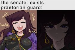 +++ armor breastplate brown_background centurii-chan closed_eyes closed_mouth commentary earrings english_commentary english_text facing_viewer far_cry far_cry_6 gauntlets jewelry laughing long_hair meme open_mouth original praetorian_(centurii-chan) purple_eyes purple_hair ring simple_background smile sound_effects staring