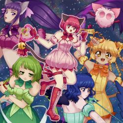 5girls aizawa_mint animal_ears aqua_dress aqua_gloves armpits arms_up bare_shoulders blonde_hair blue_bow blue_eyes blue_hair blush bow breasts cat_ears cat_girl cat_tail cleavage closed_mouth collarbone double_bun dress fong_pudding fujiwara_zakuro gloves green_bow green_eyes green_hair hair_bun heart holding holding_weapon jujica lettustanets long_hair looking_at_viewer masha_(tokyo_mew_mew) medium_breasts mew_ichigo mew_lettuce mew_mint mew_pudding mew_zakuro midorikawa_lettuce mintone_arrow momomiya_ichigo multiple_girls open_mouth pink_bow pink_dress pink_eyes pink_hair puring_ring purple_bow purple_eyes purple_hair red_bow short_hair smile strapless strapless_dress strawbell_bell tail tokyo_mew_mew tokyo_mew_mew_new twintails v weapon wolf_ears wolf_girl yellow_bow yellow_eyes zacross_whip