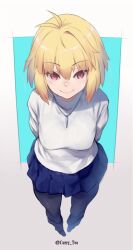 1girl antenna_hair arcueid_brunestud arms_behind_back auru_t black_pantyhose blonde_hair blue_skirt commentary_request hair_between_eyes jewelry long_sleeves looking_at_viewer miniskirt necklace pantyhose red_eyes single_hair_intake skirt smile solo sweater tsukihime tsukihime_(remake) turtleneck turtleneck_sweater twitter_username white_sweater