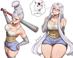 Rule 34 | 1girl, absurdres, ayase seiko, baseball bat, blue shorts, breasts, dandadan, elbow gloves, glasses, gloves, grey thighhighs, hair down, highres, holding, holding baseball bat, holding weapon, large breasts, long hair, looking at viewer, mature female, mg991998, semi-rimless eyewear, shorts, simple background, solo, thighhighs, watermark, weapon, white background, white hair