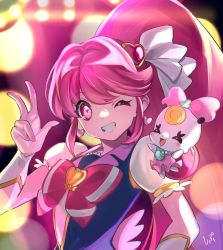 1girl aino_megumi black_vest bow brooch closed_eyes cure_lovely earrings hair_between_eyes hair_ornament happinesscharge_precure! heart heart_brooch heart_earrings heart_hair_ornament jewelry lights magical_girl one_eye_closed pink_eyes pink_hair ponytail precure puffy_short_sleeves puffy_sleeves ribbon_(happinesscharge_precure!) shipu_(gassyumaron) short_sleeves signature smile upper_body v vest wide_ponytail