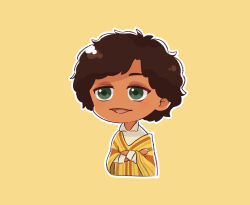 1boy afro arepa brown_eyes brown_hair camilo_madrigal colombian_clothes curly_hair dark-skinned_male dark_skin encanto highres male_focus poncho shirt short_hair simple_background smile solo upper_body user_cwvk5558 white_shirt yellow_poncho
