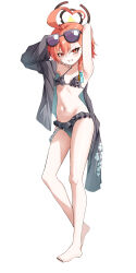 1girl absurdres ahoge alternate_costume armpits arms_behind_head barefoot bikini black_bikini black_halo blue_archive blush braid breasts commentary_request eyewear_on_head frilled_bikini frills full_body halo highres looking_at_viewer neru_(blue_archive) red_eyes red_hair simple_background single_braid small_breasts solo stale_beer_(kinonuketa_biiru) standing sunglasses swimsuit toes white_background