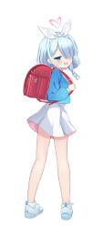 1girl arona_(blue_archive) backpack bag bad_tag blue_archive blue_eyes blue_hair blue_shirt blush braid child commentary_request efu_(ehutan) flat_chest full_body hair_over_one_eye hair_ribbon half-closed_eyes halo heart heart_halo highres holding_strap legs light_blue_hair long_sleeves looking_back miniskirt multicolored_hair pink_hair bad_tag randoseru red_bag ribbon shirt shoes short_hair skirt smile smug sneakers solo standing thighs two-tone_hair white_background white_ribbon white_shoes white_skirt