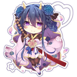 blue_hair bodysuit braid breasts chibi drawing_sword emil_chronicle_online flower holding holding_sword holding_weapon izanami_(eco) katana large_breasts petals purple_eyes sword thighhighs underwear weapon yumemiya_subaru