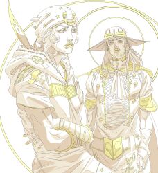 2boys absurdres alternate_costume araki_hirohiko_(style) ascot beanie beard belt bridal_gauntlets cowboy_hat cowboy_shot facial_hair feathers goggles goggles_on_headwear grandguerrilla gyro_zeppeli hat highres hood hoodie horseshoe_hat_ornament johnny_joestar jojo_no_kimyou_na_bouken limited_palette long_hair male_focus medium_hair multiple_boys official_alternate_costume partially_colored short_sleeves star_(symbol) star_print steel_ball_run wristband