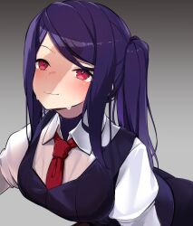 1girl absurdres black_undershirt black_vest breasts collared_shirt gradient_background grey_background highres jill_stingray long_hair long_sleeves medium_breasts necktie penis_awe penis_shadow puffy_sleeves purple_hair red_eyes red_necktie shirt sidelocks simple_background solo sweatdrop swept_bangs twintails va-11_hall-a vest wavy_mouth white_shirt yanagui_yugi