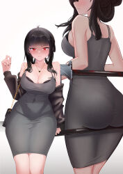 1girl absurdres against_railing ass axe bag barcode barcode_tattoo black_bra black_hair black_nails blood bloody_weapon blush bra bra_peek breast_tattoo breasts cleavage collarbone covered_navel curvy d_(killer_wife)_(nikke) d_(nikke) dizzykone dongtan_dress dress goddess_of_victory:_nikke grey_dress hair_ornament hairclip handbag hatchet_(axe) highres holding holding_axe holding_behind_back large_breasts looking_at_viewer multiple_views on_railing panties_visible_through_clothes parted_lips railing red_eyes serious simple_background tattoo underwear weapon white_background