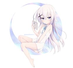 Rule 34 | 1girl, arm between legs, barefoot, blue eyes, blue ribbon, book, closed mouth, crescent, dress, expressionless, full body, hair ornament, highres, holding, holding book, long hair, looking at viewer, neck ribbon, original, ribbon, rnond, sitting, sleeveless, sleeveless dress, solo, twitter username, very long hair, white background, white dress, white hair, x hair ornament