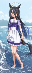 1girl animal_ears barefoot black_hair blue_sky day ear_tag hair_between_eyes highres horse_ears horse_girl horse_tail kuronosu_(yamada1230) long_hair long_hair_between_eyes looking_at_viewer manhattan_cafe_(umamusume) open_mouth outdoors pleated_skirt purple_shirt shirt skirt sky soaking_feet solo tail umamusume white_skirt yellow_eyes