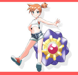 1girl blue_eyes blue_shorts breasts brown_hair crop_top full_body gen_1_pokemon gym_leader hair_between_eyes hand_on_own_hip highres midriff misty_(pokemon) navel nintendo one_side_up outstretched_arm pokemon pokemon_(creature) pokemon_lgpe shadow shoes short_hair short_shorts shorts sleeveless small_breasts sneakers starmie stomach takaya_n white_background
